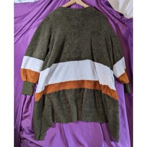 Aluna Levi Soft Plush Open Front Sweater Rust Green White Strip Color Block